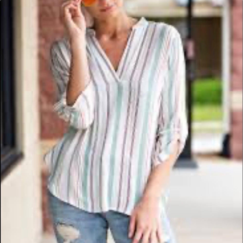 Eden & Olivia Striped Cotton V-Neck Roll-Tab Top XL EUC